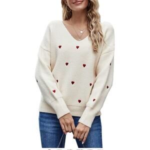 ECOWISH Women Valentine Heart Sweater V Neck Embroidery Knit Loose Casual Small